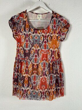 Anthropologie Weston Wear Boho Floral Mesh Tee Large Peplum Art Orange Motif New